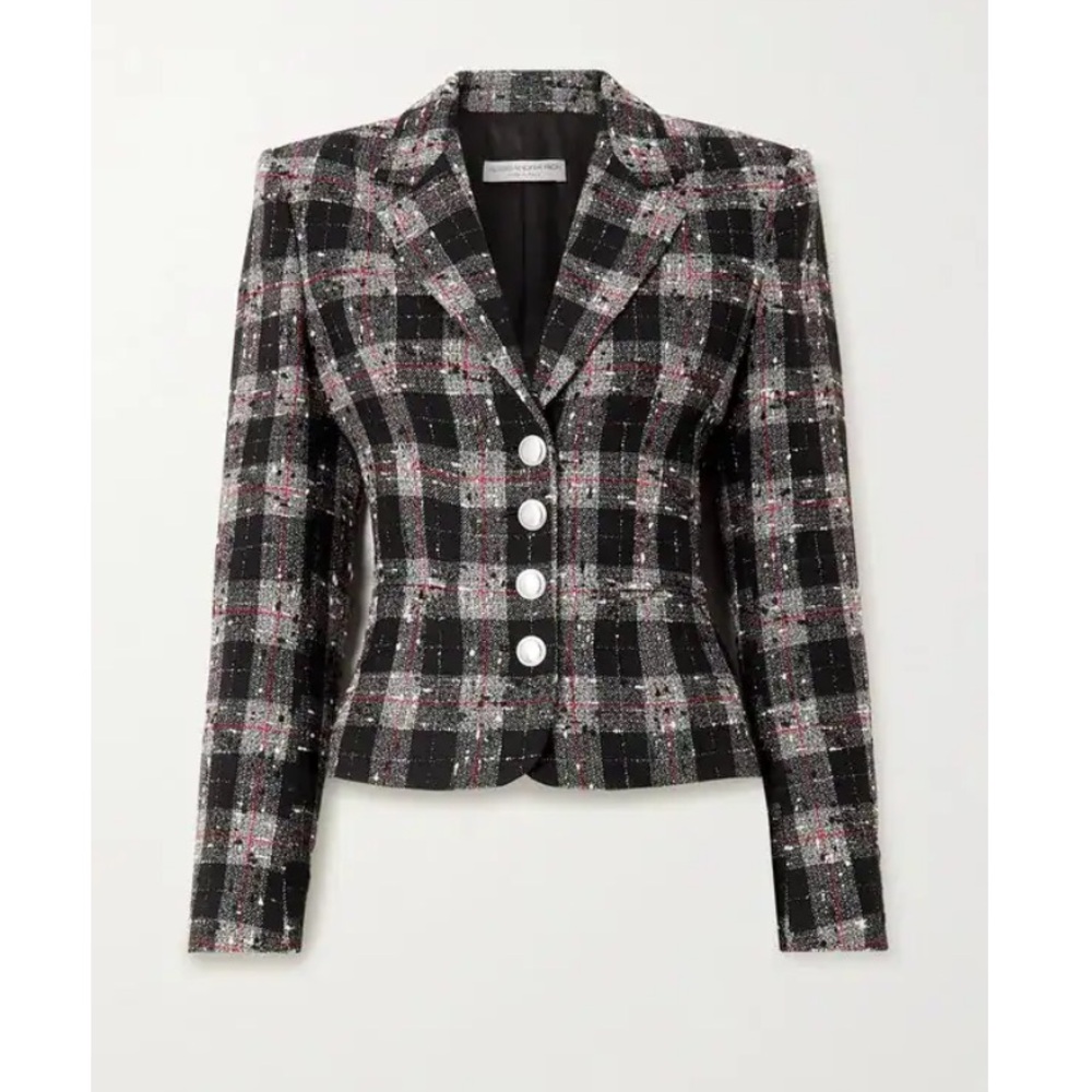 Alessandra Rich Checked Wool-Blend Bouclé Button Textured Plaid Fitted Blazer - Picture 2 of 12